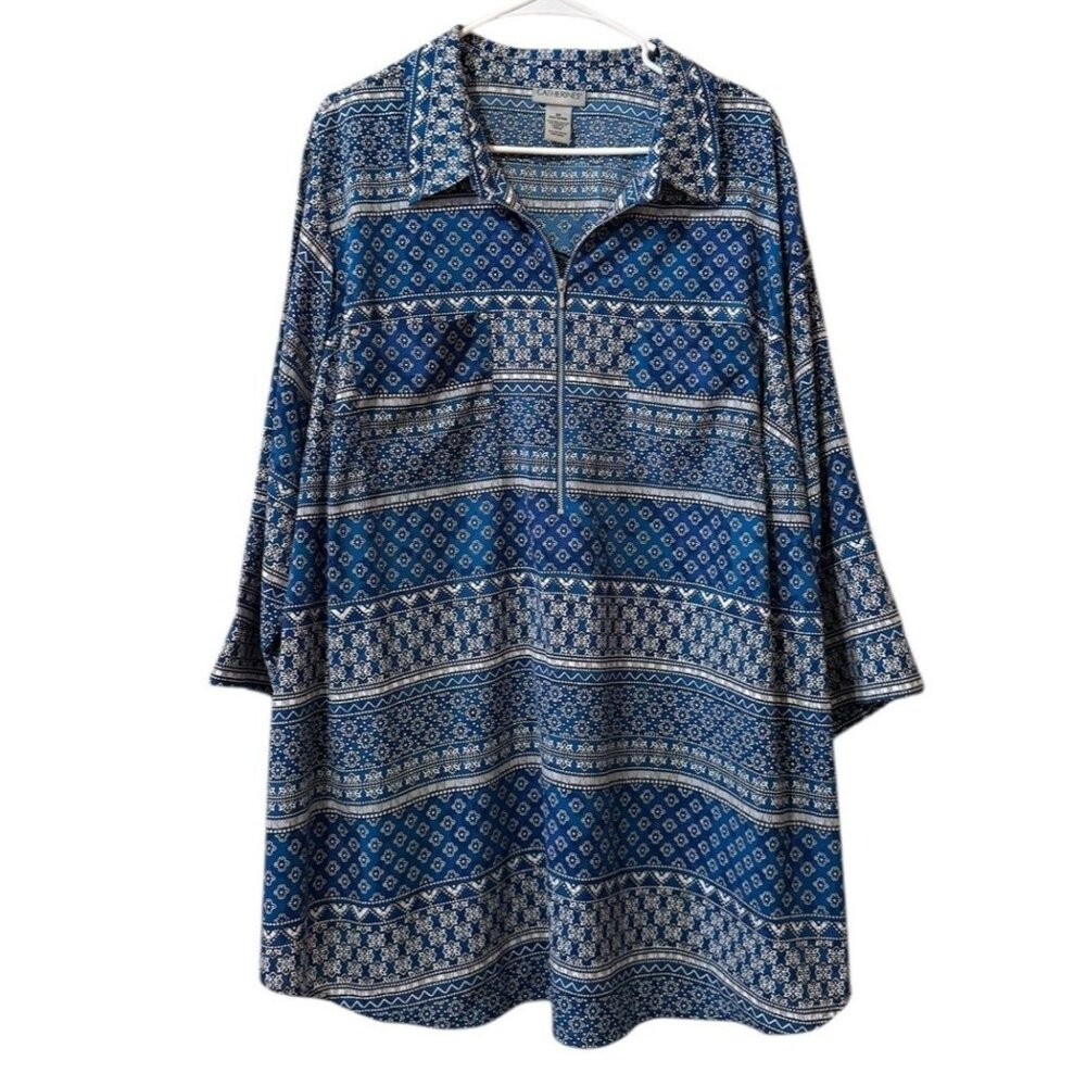 Catherines Women Size 2X 22/24W Tunic Zip Collar Pockets Slits 3/4 Sleeve Office